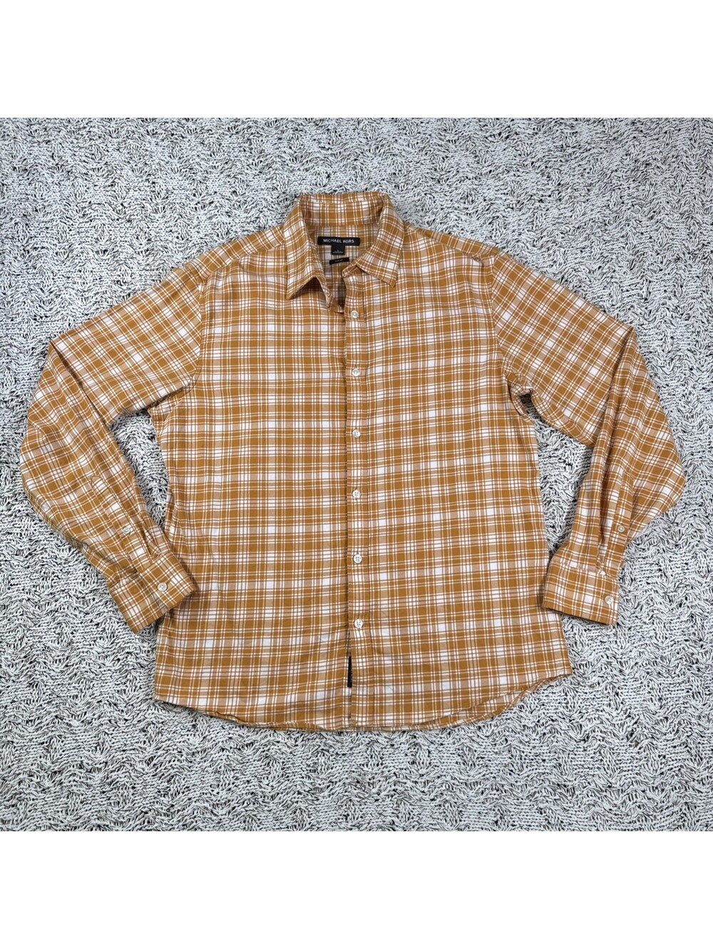 Michael Kors Men's Slim Fit Button Down Orange White Check Dress Shirt Size L